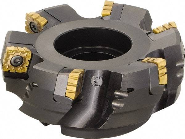 Kyocera - 250mm Cut Diam, 47.63mm Arbor Hole, 12mm Max Depth of Cut, 75° Indexable Chamfer & Angle Face Mill - 14 Inserts, SPMT1806 Insert, Right Hand Cut, 14 Flutes, Series MSRS15 - Americas Industrial Supply