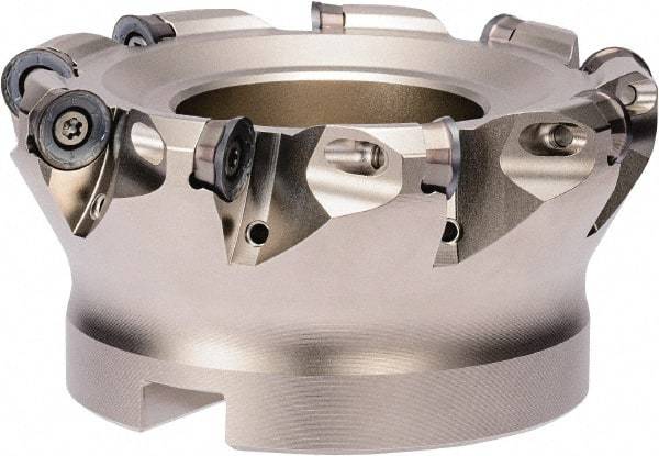 Kyocera - 100mm Cut Diam, 8mm Max Depth, 12.7mm Arbor Hole, 6 Inserts, RPGT 16, RPMT 16 Insert Style, Indexable Copy Face Mill - MRX Cutter Style, 10,000 Max RPM, 50mm High, Through Coolant, Series RAD-6 - Americas Industrial Supply
