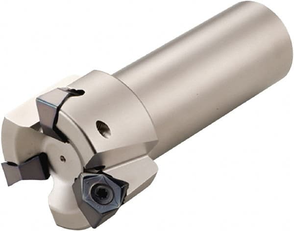 Kyocera - 3" Cut Diam, 0.315" Max Depth of Cut, 1-1/4" Shank Diam, 3.6" OAL, Indexable Square Shoulder End Mill - WNEU 080608EN-GL, WNMU 080608EN-GH, WNMU 080608EN-GM, WNMU 080608EN-SM Inserts, Weldon Shank, 90° Lead Angle, Through Coolant - Americas Industrial Supply