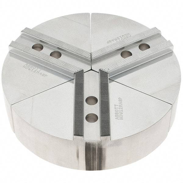 Abbott Workholding Products - 8" Max Chuck Capacity, 1/16" x 90° Serrated Interface, Round Soft Lathe Chuck Jaw - 3 Jaw, Aluminum, 0.984" Btw Mount Hole Ctrs, 8" Wide, 2" High, 12mm Fastener - Americas Industrial Supply