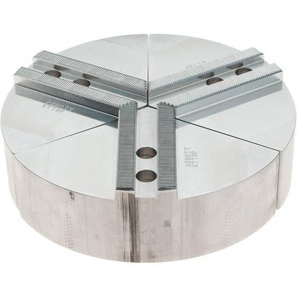 Abbott Workholding Products - 8" Max Chuck Capacity, 1.5mm x 60° Serrated Interface, Round Soft Lathe Chuck Jaw - 3 Jaw, Aluminum, 0.9843" Btw Mount Hole Ctrs, 8" Wide, 2" High, 12mm Fastener - Americas Industrial Supply