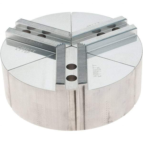 Abbott Workholding Products - 6" Max Chuck Capacity, 1.5mm x 60° Serrated Interface, Round Soft Lathe Chuck Jaw - 3 Jaw, Aluminum, 0.7874" Btw Mount Hole Ctrs, 6" Wide, 2" High, 10mm Fastener - Americas Industrial Supply