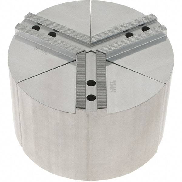 Abbott Workholding Products - 10" Max Chuck Capacity, 1.5mm x 60° Serrated Interface, Round Soft Lathe Chuck Jaw - 3 Jaw, Aluminum, 1.1811" Btw Mount Hole Ctrs, 10" Wide, 6" High, 12mm Fastener - Americas Industrial Supply