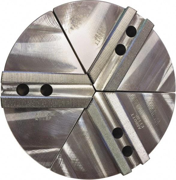 Abbott Workholding Products - 4" Max Chuck Capacity, 1.5mm x 60° Serrated Interface, Round Soft Lathe Chuck Jaw - 3 Jaw, Aluminum, 0.5906" Btw Mount Hole Ctrs, 6" Wide, 2" High, 6mm Fastener - Americas Industrial Supply