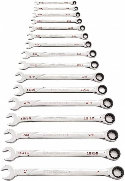 GearWrench - 16 Piece, 7/32" to 1", Ratcheting Combination Wrench Set - Inch Measurement Standard, Chrome Finish - Americas Industrial Supply