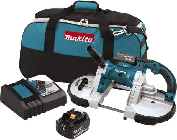 Makita - 18 Volt, 44-7/8" Blade, 530 SFPM Cordless Portable Bandsaw - 4-3/4" (Round) & 4-3/4 x 4-3/4" (Rectangle) Cutting Capacity, Lithium-Ion Battery Included - Americas Industrial Supply