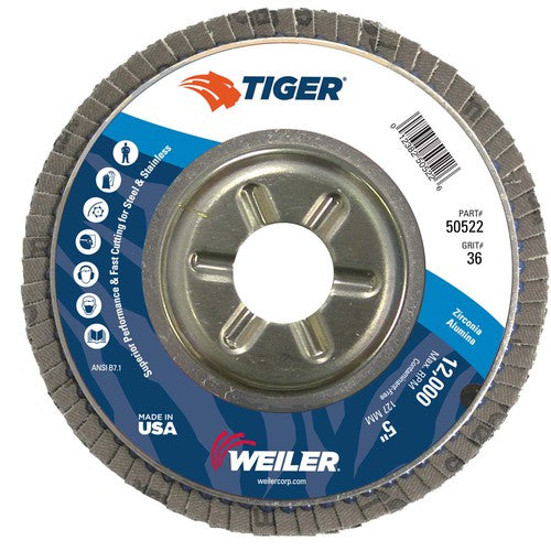 5″ Tiger Disc Abrasive Flap Disc, Angled, Alum. Backing, 36Z, 7/8″ Arbor Hole - Americas Industrial Supply