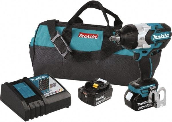 Makita - 1/2" Drive 18 Volt Pistol Grip Cordless Impact Wrench & Ratchet - 1,850 RPM, 750 Ft/Lb Torque, 2 Lithium-Ion Batteries Included - Americas Industrial Supply