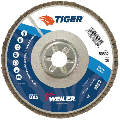 7″ Tiger Disc Abrasive Flap Disc, Angled, Alum. Backing, 36Z, 7/8″ Arbor Hole - Americas Industrial Supply