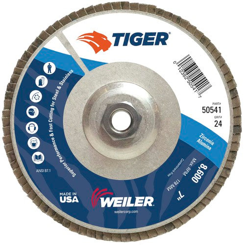 7″ Tiger Disc Abrasive Flap Disc, Angled, Alum. Backing, 24Z, 5/8″-11 UNC Nut - Americas Industrial Supply