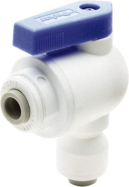 Parker - 1/4" Pipe, Full Port, Polypropylene Valve Elbow Union Ball Valve - Bi-Directional, Push-to-Connect x Push-to-Connect Ends, Wedge Handle, 150 WOG - Americas Industrial Supply