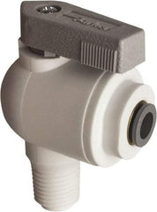 Parker - 1/8" Pipe, Full Port, Polypropylene Valve Male Elbow Ball Valve - Bi-Directional, MNPT x Push-to-Connect Ends, Wedge Handle, 150 WOG - Americas Industrial Supply