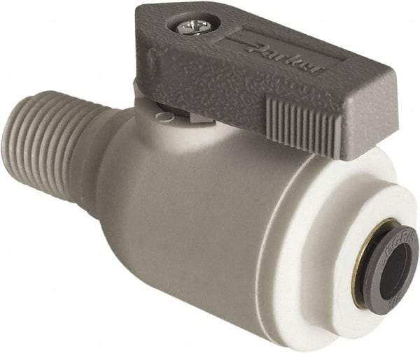 Parker - 1/2" Pipe, Full Port, Polypropylene Valve Male Connector Ball Valve - Bi-Directional, MNPT x Push-to-Connect Ends, Wedge Handle, 150 WOG - Americas Industrial Supply