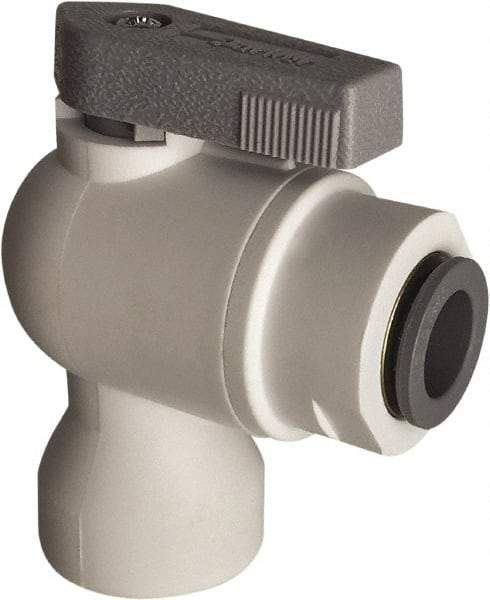 Parker - 1/4" Pipe, Full Port, Polypropylene Valve Female Elbow Ball Valve - Bi-Directional, Push-to-Connect x FNPT Ends, Wedge Handle, 150 WOG - Americas Industrial Supply