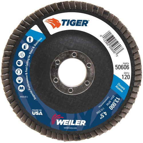 4-1/2″ Tiger Disc Abrasive Flap Disc, Angled, Phenolic Backing, 120Z, 7/8″ Arbor Hole - Americas Industrial Supply