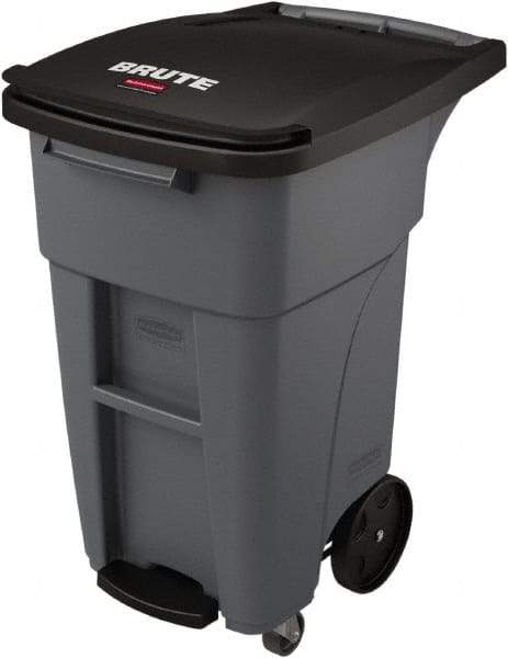 Rubbermaid - 32 Gal Gray Rectangle Trash Can - Plastic, None Graphic, 37.16" High x 20.62" Wide, Lid Included - Americas Industrial Supply