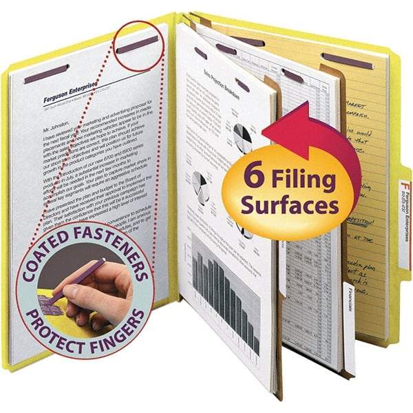 SMEAD - 11-5/8 x 9-1/2", Letter Size, Yellow, Classification Folders with Top Tab Fastener - 23 Point Stock, Right of Center Tab Cut Location - Americas Industrial Supply