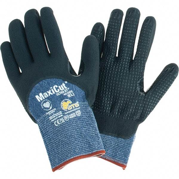 ATG - Size L, ANSI Cut Lvl A3, Cut Resistant Gloves - Palm, Fingers & Knuckles Coated, Blue/Black - Americas Industrial Supply