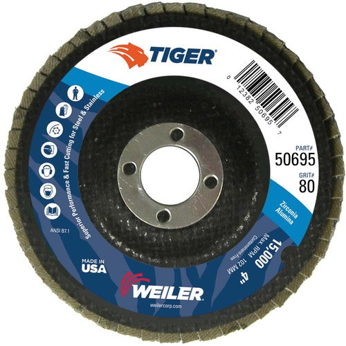 4″ Tiger Disc Abrasive Flap Disc, Flat, Phenolic Backing, 80Z, 5/8″ Arbor Hole - Americas Industrial Supply