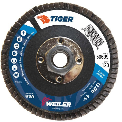 4-1/2″ Tiger Disc Abrasive Flap Disc, Flat, Phenolic Backing, 120Z, 5/8″-11 UNC Nut - Americas Industrial Supply