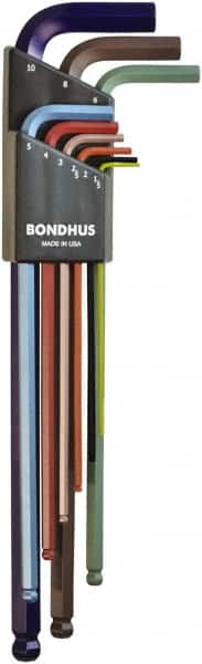 Bondhus - 9 Piece L-Key Ball End Hex Key Set - Hex Range 1.5 to 10mm, 8.4" OAL - Americas Industrial Supply