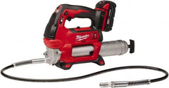 Milwaukee Tool - 10,000 Max psi, Flexible Battery-Operated Grease Gun - 14 oz Capacity, 31 Strokes per oz, Includes Grease Gun, Gauge Hose Assembly, Coupler, 18 V Rechargeable Battery, 30-Minute Charger, Carrying Case & Carrying Strip - Americas Industrial Supply