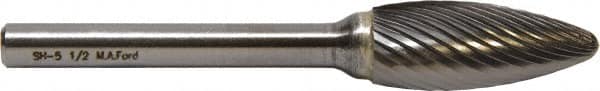 M.A. Ford - 3mm Cut Diam, 3mm Shank Diam, Flame Head Double Cut Burr - Carbide, Radius End, 6mm LOC, 38mm OAL - Americas Industrial Supply