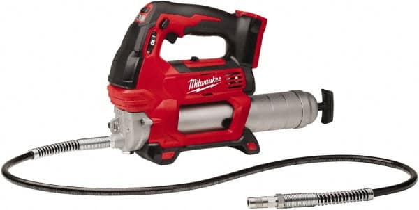 Milwaukee Tool - 10,000 Max psi, Flexible Battery-Operated Grease Gun - 14 oz Capacity, 31 Strokes per oz, Includes Grease Gun, Gauge Hose Assembly & Coupler - Americas Industrial Supply