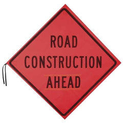 PRO-SAFE - "Road Construction Ahead", 48" Wide x 48" High, Nylon Construction Roadway Signs - Orange, Square, Sign Stand Mount - Americas Industrial Supply