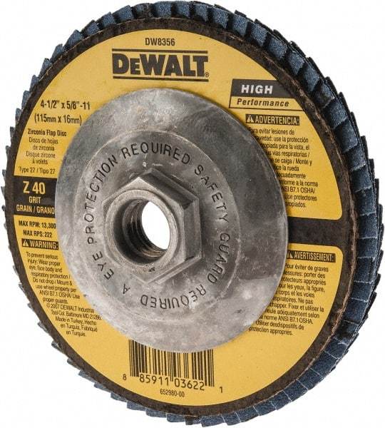 DeWALT - 40 Grit, 4-1/2" Disc Diam, 5/8-11 Center Hole, Type 27 Zirconia Alumina Flap Disc - 13,300 Max RPM, Fiberglass Backing, Arbor Attaching System, Coated - Americas Industrial Supply