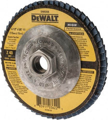 DeWALT - 40 Grit, 4-1/2" Disc Diam, 5/8-11 Center Hole, Type 27 Zirconia Alumina Flap Disc - 13,300 Max RPM, Fiberglass Backing, Arbor Attaching System, Coated - Americas Industrial Supply