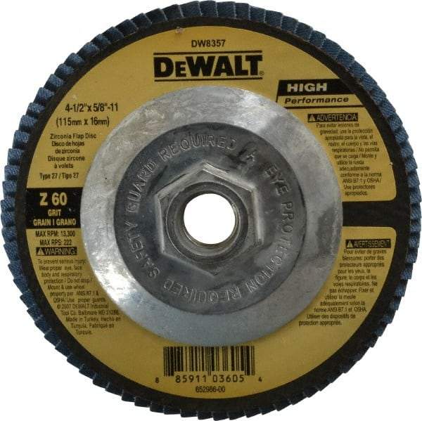 DeWALT - 60 Grit, 4-1/2" Disc Diam, 5/8-11 Center Hole, Type 27 Zirconia Alumina Flap Disc - 13,300 Max RPM, Fiberglass Backing, Arbor Attaching System, Coated - Americas Industrial Supply