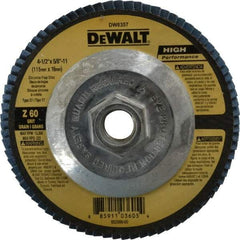 DeWALT - 60 Grit, 4-1/2" Disc Diam, 5/8-11 Center Hole, Type 27 Zirconia Alumina Flap Disc - 13,300 Max RPM, Fiberglass Backing, Arbor Attaching System, Coated - Americas Industrial Supply