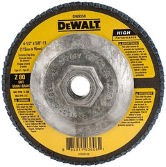 DeWALT - 80 Grit, 4-1/2" Disc Diam, 5/8-11 Center Hole, Type 27 Zirconia Alumina Flap Disc - 13,300 Max RPM, Fiberglass Backing, Arbor Attaching System, Coated - Americas Industrial Supply