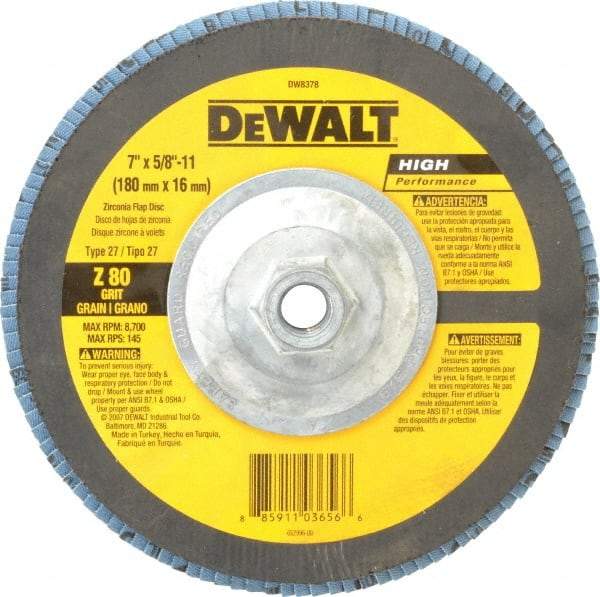 DeWALT - 80 Grit, 7" Disc Diam, 5/8-11 Center Hole, Type 27 Zirconia Alumina Flap Disc - 8,700 Max RPM, Fiberglass Backing, Arbor Attaching System, Coated - Americas Industrial Supply