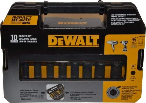 DeWALT - 10 Piece 3/8" Drive Thin Wall Deep Impact Socket Set - 6 Points, 5/16 to 3/4", Inch Measurement Standard - Americas Industrial Supply