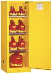 Justrite - 1 Door, 3 Shelf, Yellow Steel Space Saver Safety Cabinet for Flammable and Combustible Liquids - 65" High x 23-1/4" Wide x 18" Deep, Self Closing Door, 22 Gal Capacity - Americas Industrial Supply