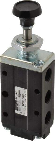 Parker - 0.83 CV Rate, 1/4" NPT Inlet Direct Air 4 Mechanical Spool Valve - 4 Way, 2 Position, 150 Max psi, Button Spring Return - Americas Industrial Supply