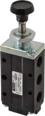 Parker - 0.83 CV Rate, 1/4" NPT Inlet Direct Air 4 Mechanical Spool Valve - 4 Way, 2 Position, 150 Max psi, Button Spring Return - Americas Industrial Supply