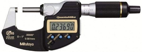 Mitutoyo - 0.001 mm Resolution, Standard Throat, Electronic Outside Micrometer - Includes Stand - Americas Industrial Supply