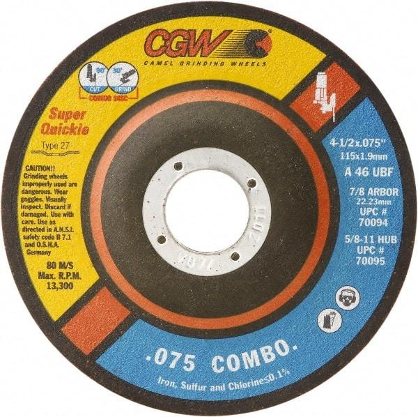 Camel Grinding Wheels - 46 Grit, 5" Wheel Diam, 5/64" Wheel Thickness, 7/8" Arbor Hole, Type 27 Depressed Center Wheel - Medium Grade, Aluminum Oxide, Resinoid Bond, U Hardness, 12,250 Max RPM - Americas Industrial Supply