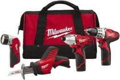 Milwaukee Tool - 12 Volt Cordless Tool Combination Kit - Includes 3/8" Drill/Driver, Reciprocating Saw, 1/4" Hex Impact Driver & Work Light, Lithium-Ion Battery Not Included - Americas Industrial Supply