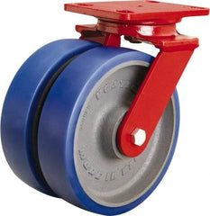 Hamilton - 8" Diam x 2" Wide x 9-3/4" OAH Top Plate Mount Swivel Caster - Polyurethane Mold onto Cast Iron Center, 2,400 Lb Capacity, Sealed Precision Ball Bearing, 4-1/2 x 6-1/2" Plate - Americas Industrial Supply