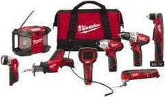 Milwaukee Tool - 12 Volt Cordless Tool Combination Kit - Includes 3/8" Drill/Driver, 3/8" Right Angle Drill Driver, Reciprocating Saw, Multi-Tool, 1/4" Hex Impact Driver & Radio, Lithium-Ion Battery Not Included - Americas Industrial Supply