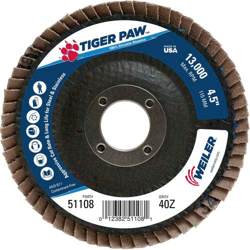 4 1/2″ × 7/8″-40 Grit - T27 Tiger Paw Zirc Flap Disc Phenolic Back - Americas Industrial Supply