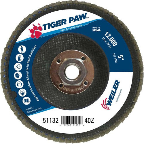 5″ Tiger Paw Abrasive Flap Disc, Flat, Phenolic Backing, 40Z, 5/8″-11 Arbor Hole - Americas Industrial Supply