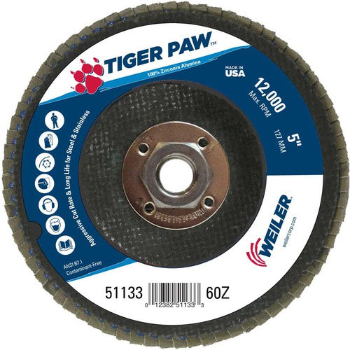 5″ Tiger Paw Abrasive Flap Disc, Flat, Phenolic Backing, 60Z, 5/8″-11 Arbor Hole - Americas Industrial Supply
