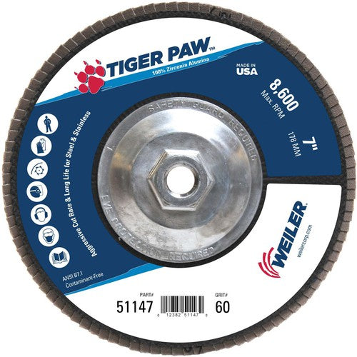 7″ Tiger Paw Abrasive Flap Disc, Angled, Phenolic Backing, 60Z, 5/8″-11 Arbor Hole - Americas Industrial Supply