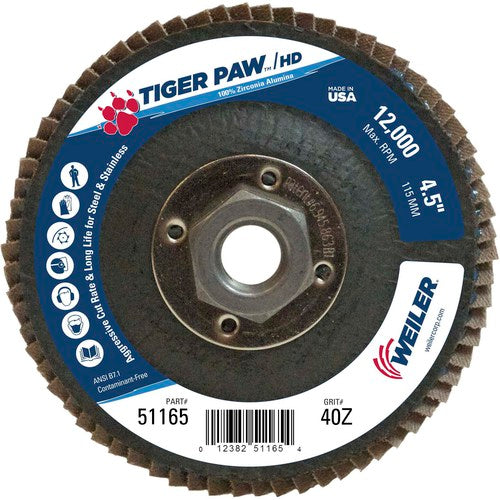 4 1/2″ × 5/8″-11-40 Grit - T27 Tiger Paw High Density Zirc Flap Disc Phenolic Back - Americas Industrial Supply
