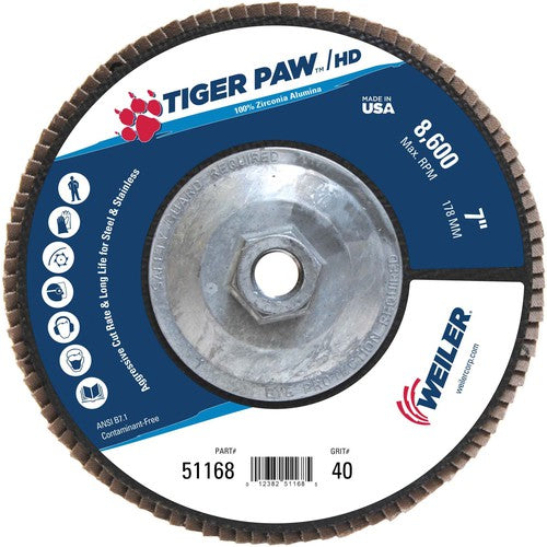 7″ Tiger Paw Super High Density Flap Disc, Flat, Phenolic Backing, 40Z, 5/8″-11 Arbor Hole - Americas Industrial Supply